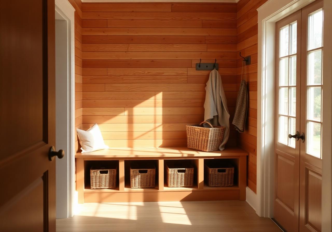 Mudroom with horizontal tongue and groove pine wall and bench