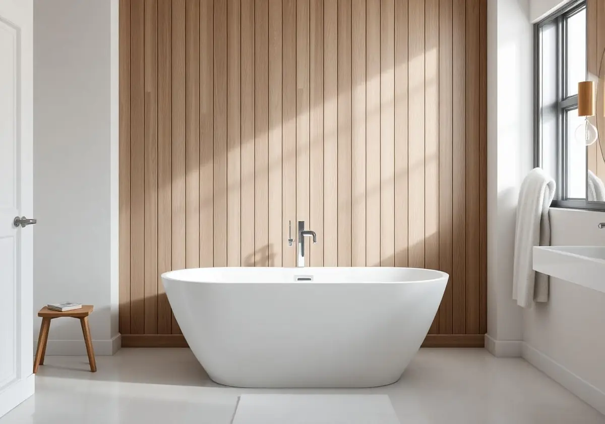 Primary bath with vertical wood plank accent wall behind a freestanding tub
