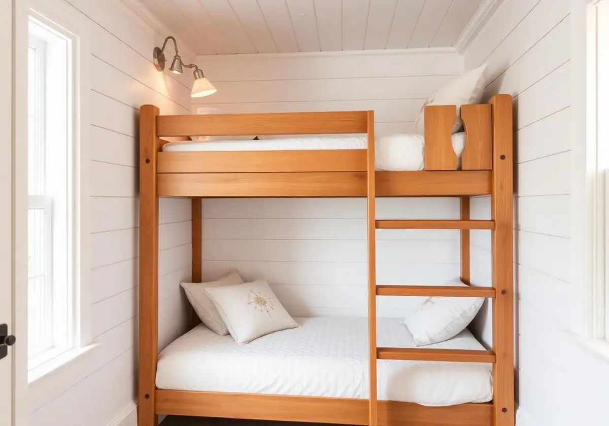 Bunk-bed nook with painted shiplap walls and a wood ladder