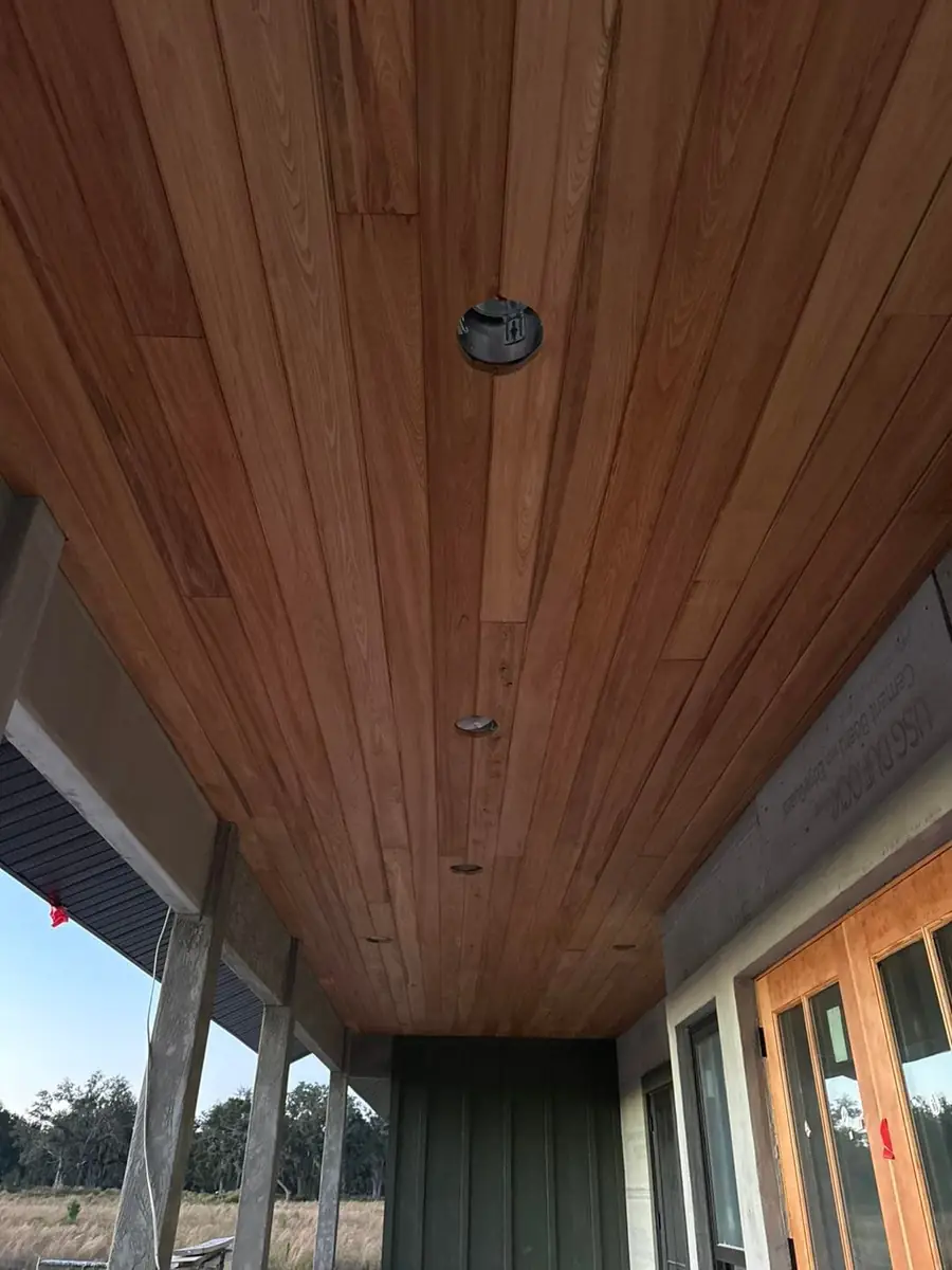 Cypress tongue and groove installed on a covered porch ceiling