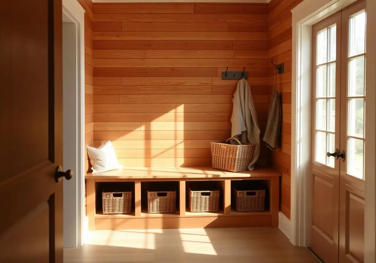 Mudroom with horizontal tongue and groove pine wall and bench