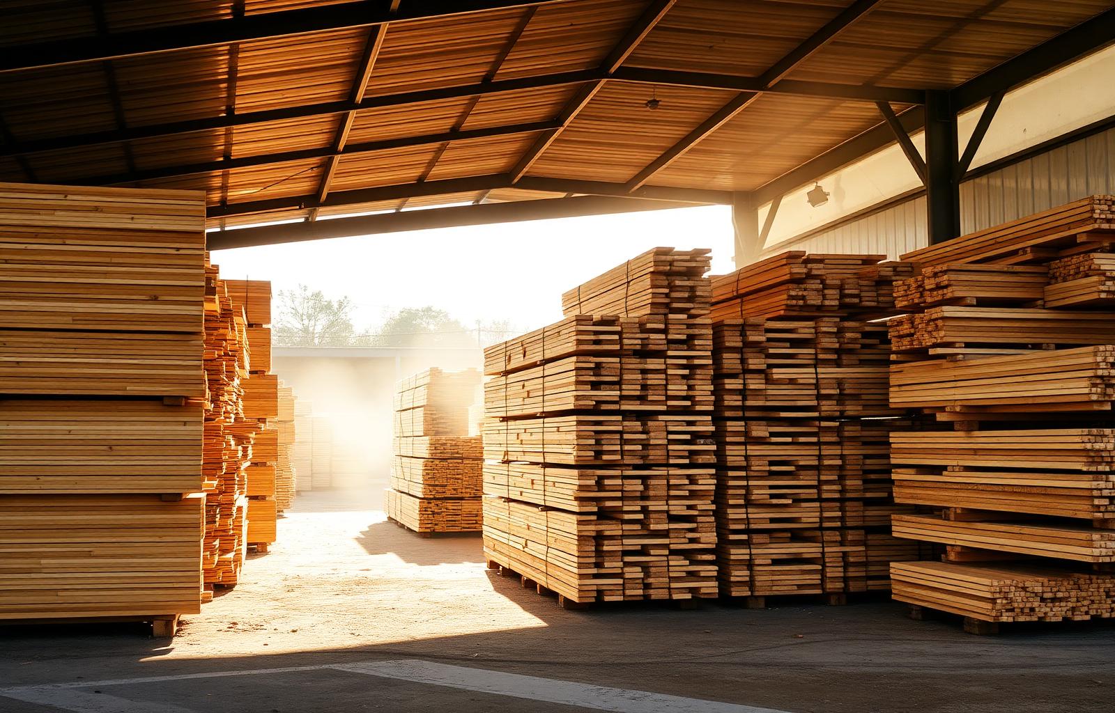 Stacked bunks of pine boards under an open lumber shed